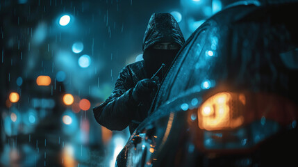 Verdeckter Dieb im Begriff, in ein geparktes Auto einzubrechen