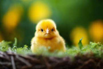 Small chick in a basket against the background of spring nature on Easter, in a bright sunny day at a ranch in a village.