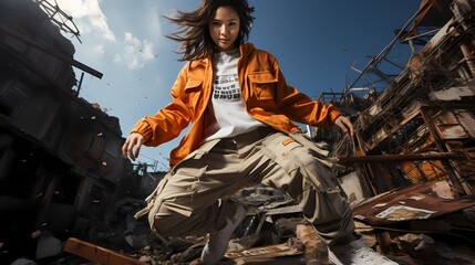 A high-energy image of a model in urban streetwear, jumping mid-air against a gritty, concrete background