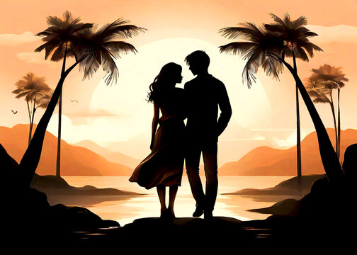 Silhouette of a couple yellow background with trees and a companion 