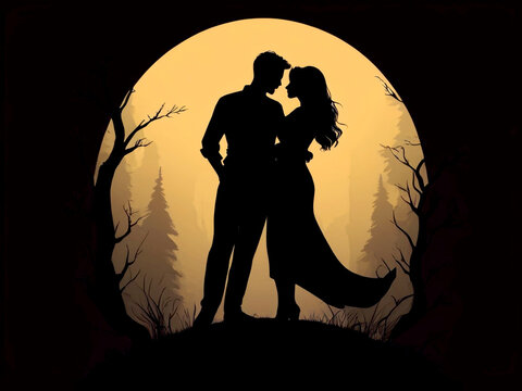 Silhouette of a couple yellow background with trees and a companion 