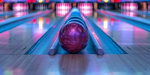 Colorful glowing bowling balls on shiny lane at contemporary bowling center. Concept Bowling, Glowing Balls, Modern Center, Colorful Scene - obrazy, fototapety, plakaty