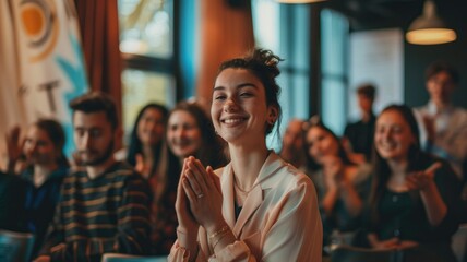 Obraz premium Smiling woman applauding at an event - A young woman with a content smile is applauding at a group event or seminar with other attendees in the background