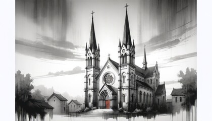black and white pencil sketch of church