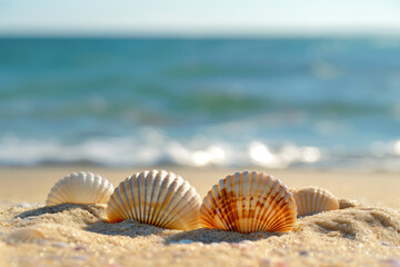Fototapeta na wymiar Seashells on a sandy beach, sea in the blurred backdrop