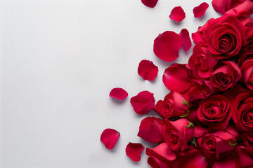 Red rose petals scattered in a flat lay cutout on a clear backdrop, ideal for designs