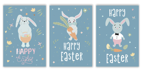 Happy Easter postcards. A set of vector Easter illustrations. Easter eggs, rabbit, bunny. Perfect for a poster, cover, or postcard.