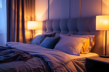 Cozy bedroom at night with hardwood furniture, bed, lamps, and curtains