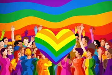 Crowd of people with rainbow heart on rainbow background. LGBT community concept. 2d illustration. LGBT Concept with Copy Space. Pride Month Concept.
