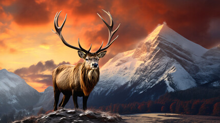 Composite image of red deer stag in Beautiful Alp - obrazy, fototapety, plakaty
