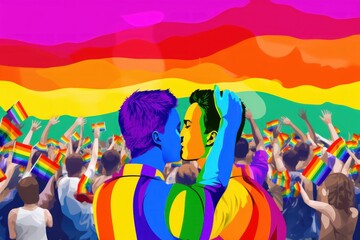 Happy gay couple with rainbow flags. LGBT concept. LGBT community concept. 2d illustration. LGBT Concept with Copy Space. Pride Month Concept.