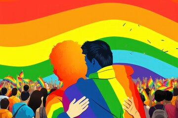 Gay couple in love on a rainbow background. LGBT community concept. 2d illustration. LGBT Concept with Copy Space. Pride Month Concept.