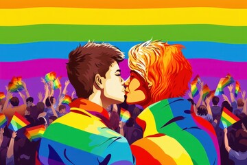 Gay couple kissing on the background of a rainbow flag. LGBT community concept. 2d illustration. LGBT Concept with Copy Space. Pride Month Concept.