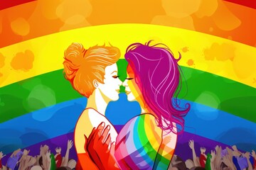 Two young lesbian women kissing each other on a rainbow background. LGBT community concept. 2d illustration. LGBT Concept with Copy Space. Pride Month Concept.