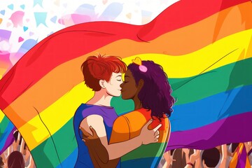 Young couple with a rainbow flag in their hands. LGBT community concept. 2d illustration. LGBT Concept with Copy Space. Pride Month Concept.