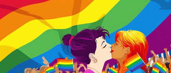 Two lesbian women kissing on lgbt rainbow flag background. LGBT community concept. 2d illustration. LGBT Concept with Copy Space. Pride Month Concept.