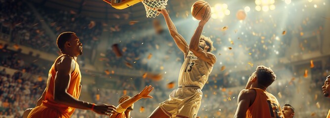 Basketball team in action at the stadium, enhanced by the glowing light, capturing the dynamic essence of competition and teamwork. - obrazy, fototapety, plakaty