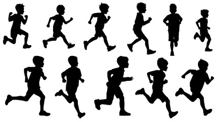 silhouettes of young, running boys isolated on a transparent background