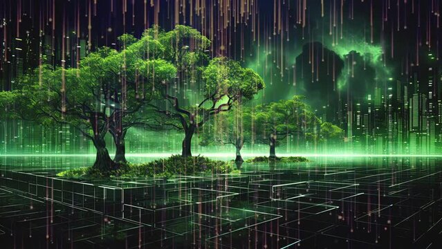 Green technology-themed image of a virtual server network, organic data structure design resembling a digital forest, energy-efficient concept, natural green and earth tones, eco-tech background