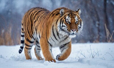 Fototapeta premium A tiger is walking through the snow