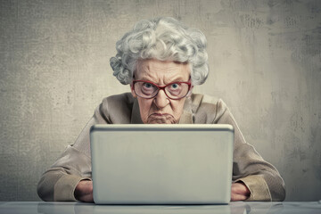 angry old lady sitting behind a laptop - obrazy, fototapety, plakaty