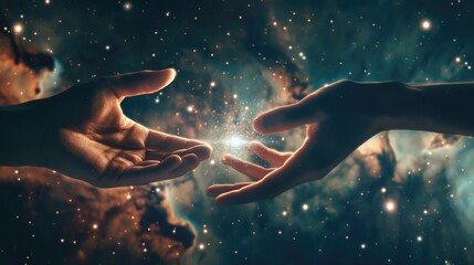 Two hands man and woman reaching out to eath other in space galaxy