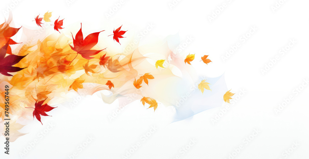 Poster abstract autumn background with gradient waves and falling maple leaves in warm tones.