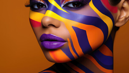 Abstract body paint on a model with bold stripes in purple, red, and yellow.