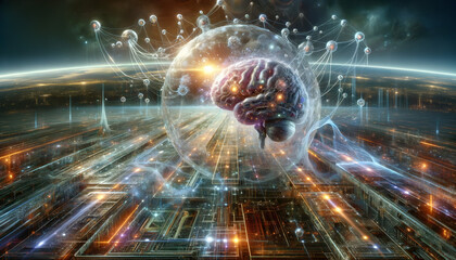 A futuristic digital illustration combining advanced technology and human consciousness. - obrazy, fototapety, plakaty