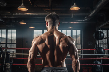 Athletic man with his back to the camera inside a boxing ring