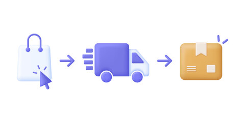3D Steps of delivery services illustration. Receive order in pick up point. E-commerce business concept
