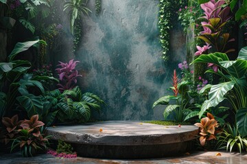 Fototapeta na wymiar Concrete podium in tropical forest for product presentation and green wall