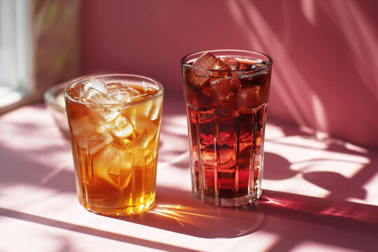 Minimalistic studio shot featuring sunlit cold summer iced tea and coffee in tall glasses on pink background. Cafe menu concept.