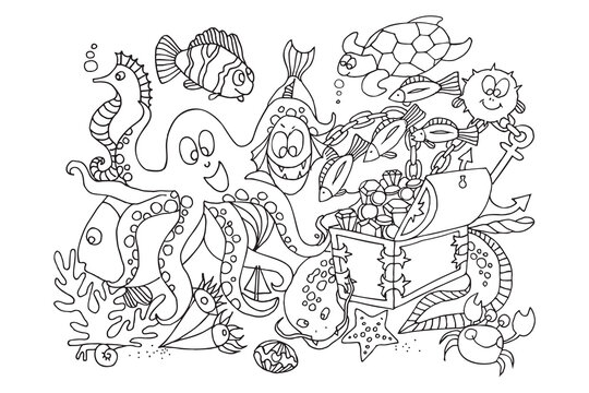 Coloring page with sea animals and fish life. Underwater world. Marine vector illustration of funny cartoon characters.