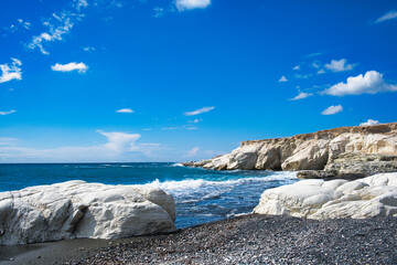 White limestone cliffs and an black sand beach near Governor’s Beach, district of Larnaca, at the...