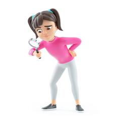 3d girl examining floor through a magnifying glass