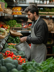 A cheerful grocery store cashier arranging a variety of colorful, fresh organic vegetables and fruits into a reusable canvas bag, eco-friendly shopping concept