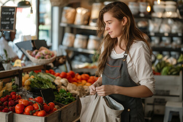 A cheerful grocery store cashier arranging a variety of colorful, fresh organic vegetables and fruits into a reusable canvas bag, eco-friendly shopping concept