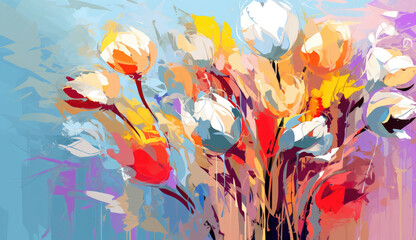 Abstract digital art showcasing vivid tulip-like blooms against a dynamic backdrop. Ideal for contemporary spaces, art galleries, or avant-garde design projects. A splash of color and imagination.