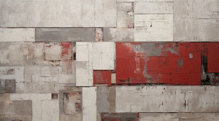Abstract textured wall with white and bold red patches. Ideal backdrop for creative projects, modern designs, and contemporary art. Evokes rustic and urban vibes.
