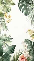 A watercolour delicate muted colour border of exotic tropical leaves at the bottom of the page on a white background with few tropical flower