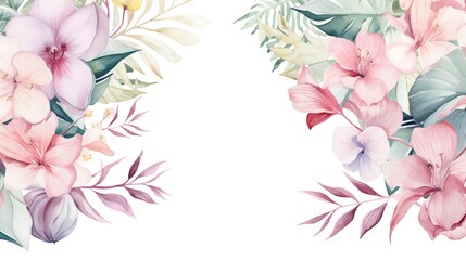 A watercolour delicate muted colour border of exotic tropical leaves at the bottom of the page on a white background with few tropical flower
