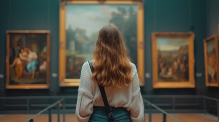 Contemplation at the Gallery, young woman in a cozy sweater stands contemplating art in a gallery, surrounded by classical paintings - obrazy, fototapety, plakaty