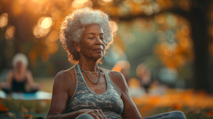 Senior people doing yoga in city park. African woman meditating outdoors - obrazy, fototapety, plakaty