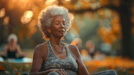 Foto op Plexiglas Senior people doing yoga in city park. African woman meditating outdoors © Vane Nunes