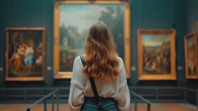 Contemplation at the Gallery, young woman in a cozy sweater stands contemplating art in a gallery, surrounded by classical paintings