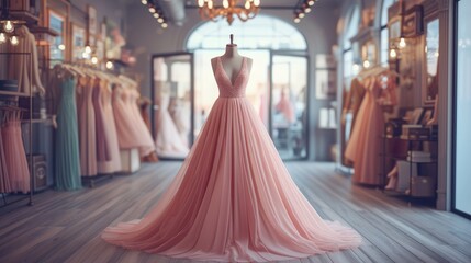 Elegant Bridal Gown in Boutique, luxurious pale pink haute couture bridal gown stands center in a chic boutique setting, Prom gown, wedding, evening, bridesmaid dresses. Dress rental 