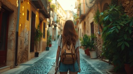 Traveler Exploring Old Town Streets, young woman, viewed from behind, wanders through the narrow, sunlit streets of an old town, exuding a sense of adventure and curiosity