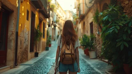 Poster Traveler Exploring Old Town Streets, young woman, viewed from behind, wanders through the narrow, sunlit streets of an old town, exuding a sense of adventure and curiosity © Anastasiia