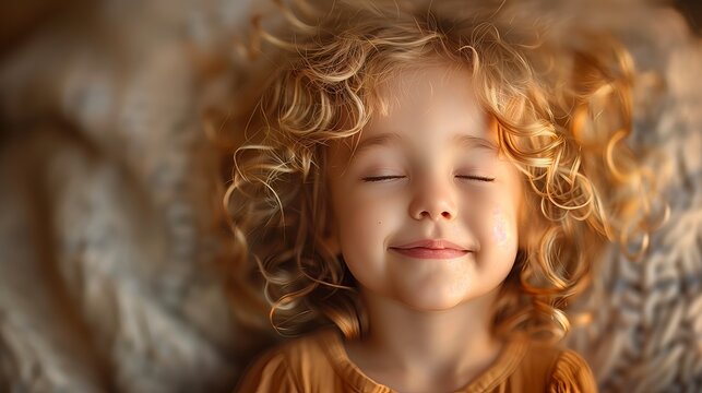 a little girl with curly hair is laying on a bed with her eyes closed